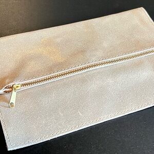 roost metallic champagne suede fold-over clutch w/zipper & magnetic snap-NWT